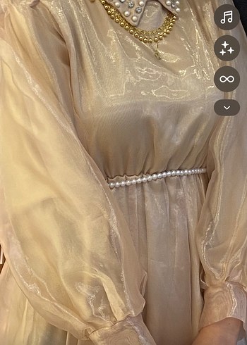 Bej Nakışlı Vintage Uzun Elbise - Görsel 2