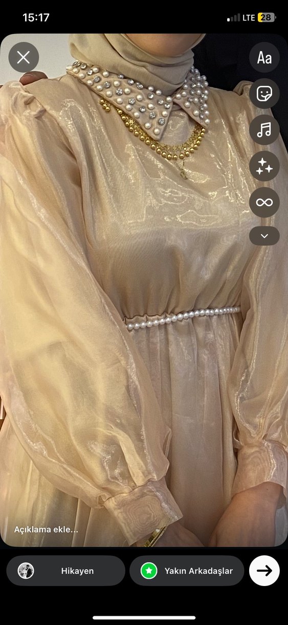 Bej Nakışlı Vintage Uzun Elbise - Görsel 2