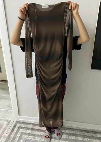 Kahverengi Drapeli Uzun Kadın Elbise - Görsel 4