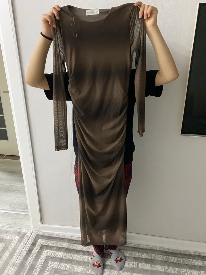 Kahverengi Drapeli Uzun Kadın Elbise - Görsel 4