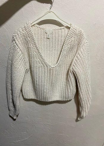 Beyaz V Yaka Örgü Kadın Kazak - Görsel 2