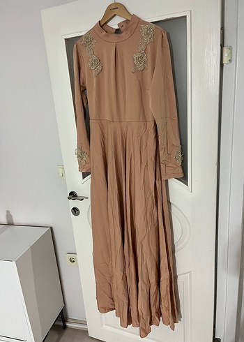40 Beden camel Renk Bej Nakışlı Uzun Kollu Bohem Kadın Elbise