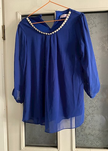 Mavi V Yaka Drapeli Kadın Bluz - Görsel 3