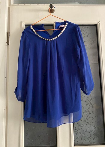 Mavi V Yaka Drapeli Kadın Bluz - Görsel 2