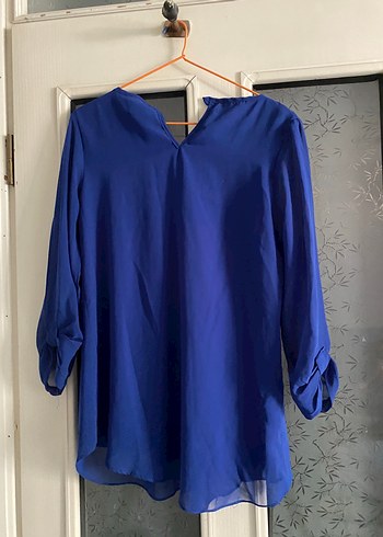 Mavi V Yaka Drapeli Kadın Bluz - Görsel 4