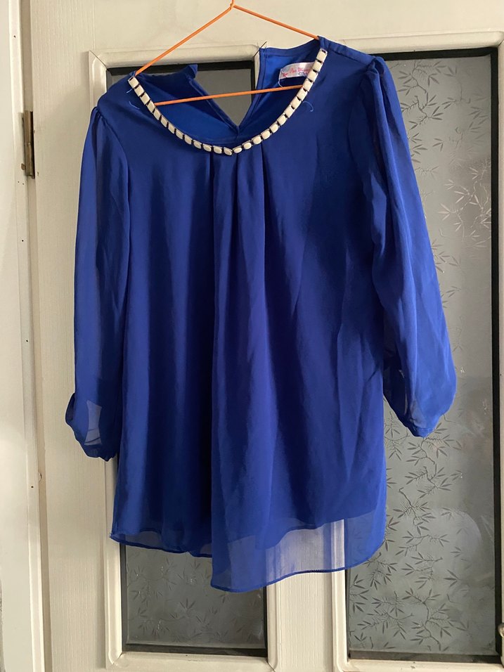 Mavi V Yaka Drapeli Kadın Bluz - Görsel 3