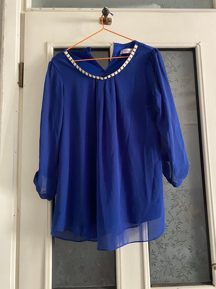 Mavi V Yaka Drapeli Kadın Bluz - Görsel 2