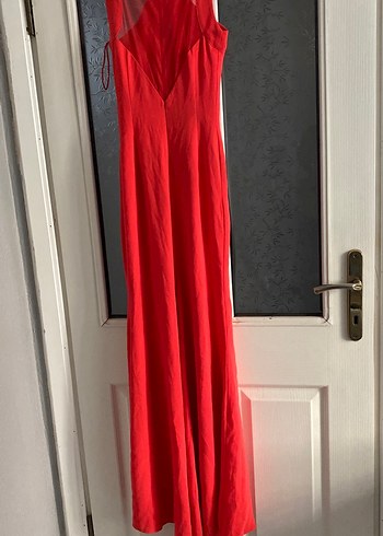 Kolsuz, Drapeli narçiçeği rengi Uzun Abiye Elbise - Görsel 5