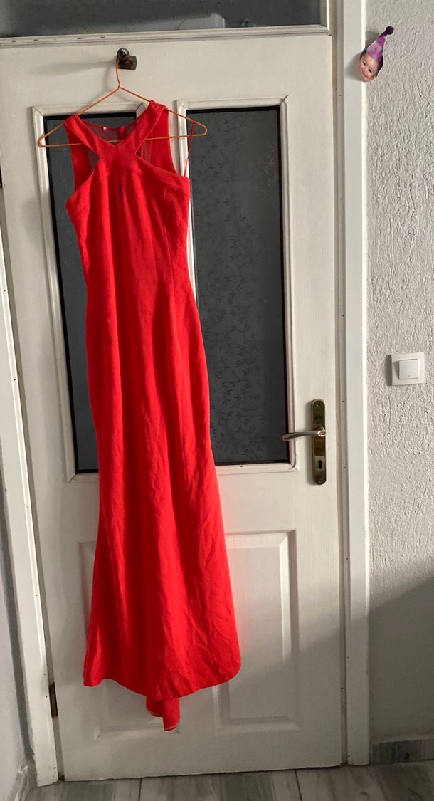 Kolsuz, Drapeli narçiçeği rengi Uzun Abiye Elbise - Görsel 2