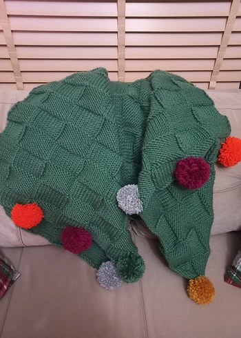 Renkli Ponponlu Yeşil Örgü diz Battaniyesi - Görsel 2