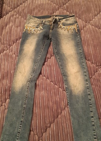 Kahverengi Payet İşlemeli Skinny Kot Pantolon