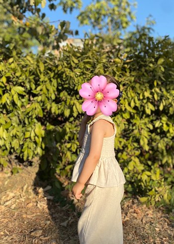 Kız Çocuk Bej keten pantolon bluz takım - Görsel 4