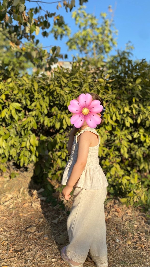 Kız Çocuk Bej keten pantolon bluz takım - Görsel 4