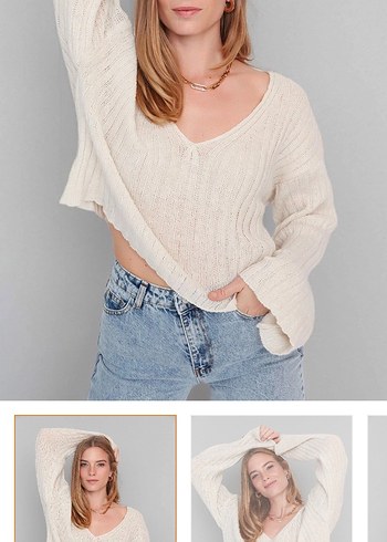 Bej V Yaka Örgü Kadın Kazak - Görsel 3