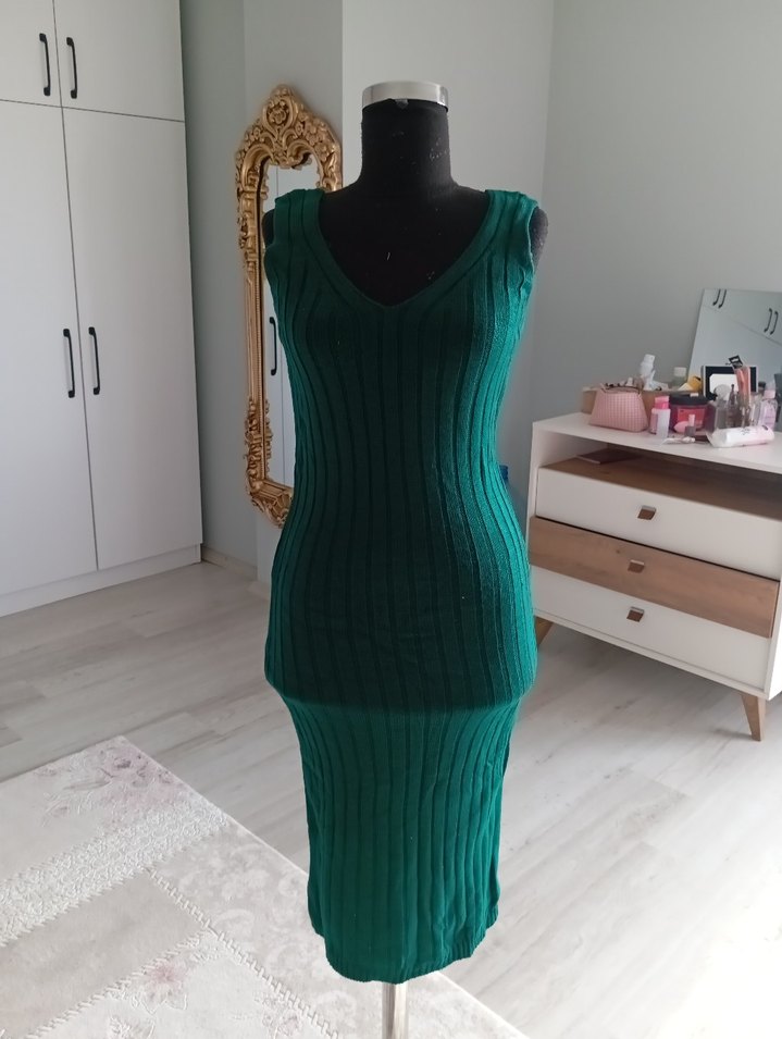Yeşil Yüksek Yakalı Kadın Triko Elbise - Görsel 3