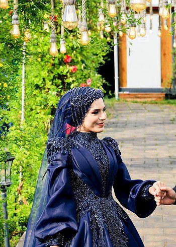 Lacivert Uzun Kollu Drape Detaylı Kadın Kına Elbisesi