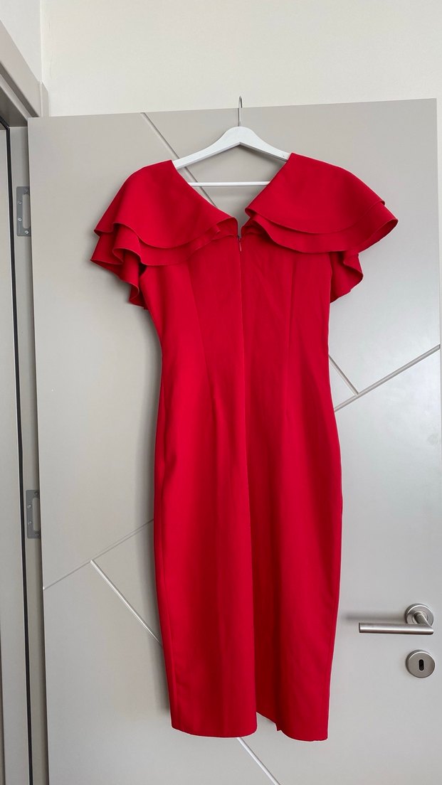Kırmızı Mini Drapeli V Yakalı Abiye Elbise - Görsel 3