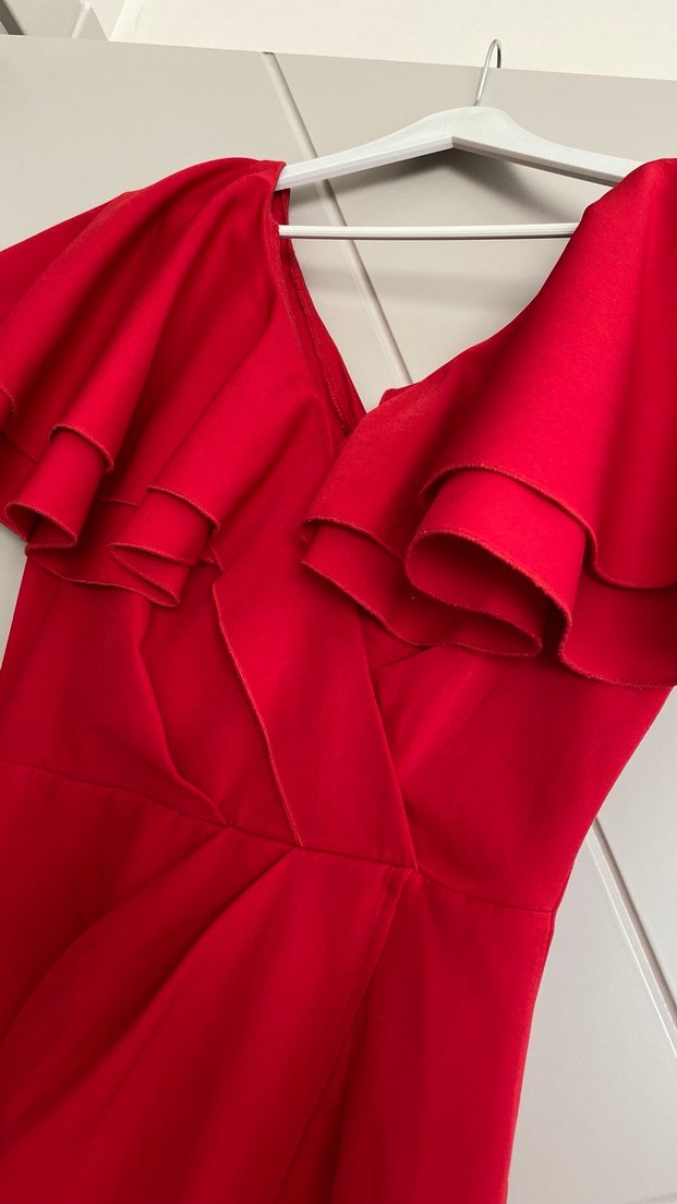 Kırmızı Mini Drapeli V Yakalı Abiye Elbise - Görsel 2