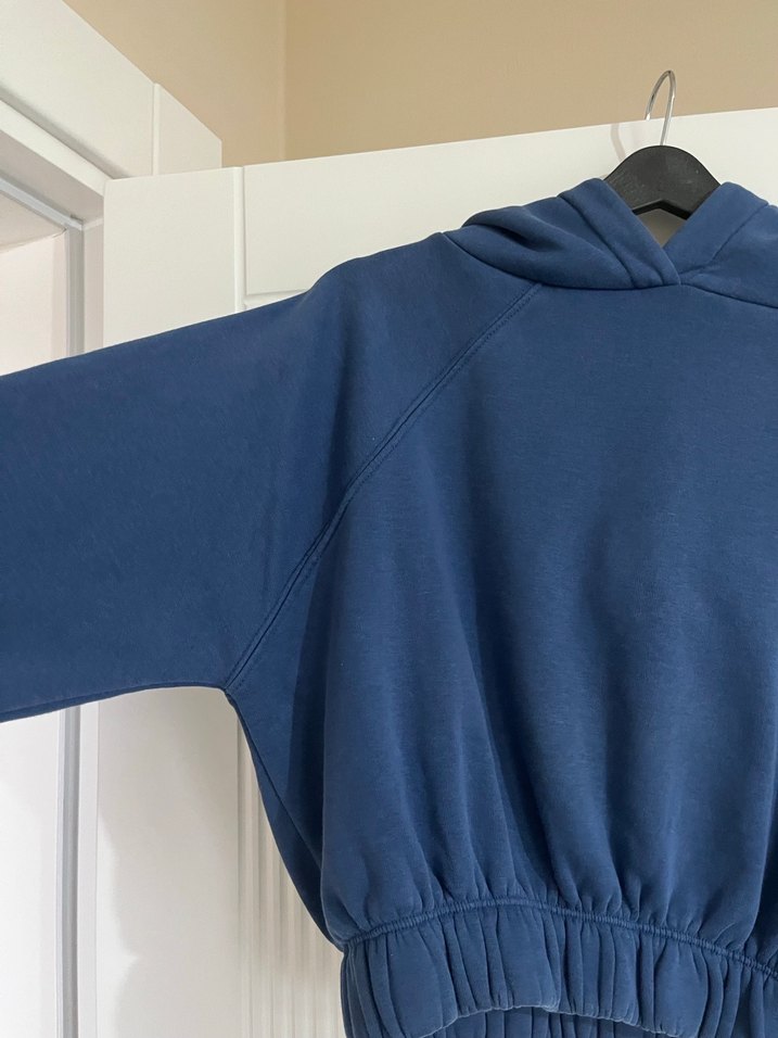 Kadın Mavi Kapüşonlu Rahat Sweatshirt - Görsel 2