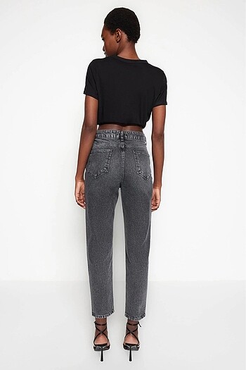 40 Beden Sıfır Antrasit Yüksek Bel Mom Jeans
