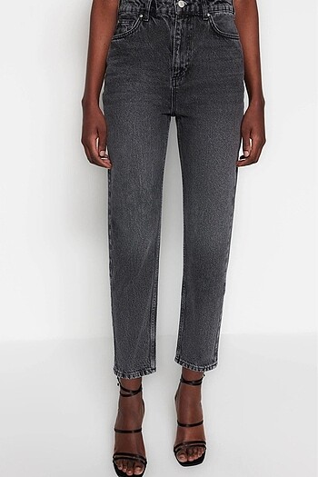 40 Beden gri Renk Sıfır Antrasit Yüksek Bel Mom Jeans