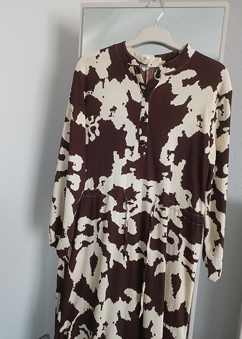 Uzun Kol Kahverengi Batik Desenli Elbise - Görsel 2