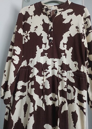 Uzun Kol Kahverengi Batik Desenli Elbise - Görsel 3