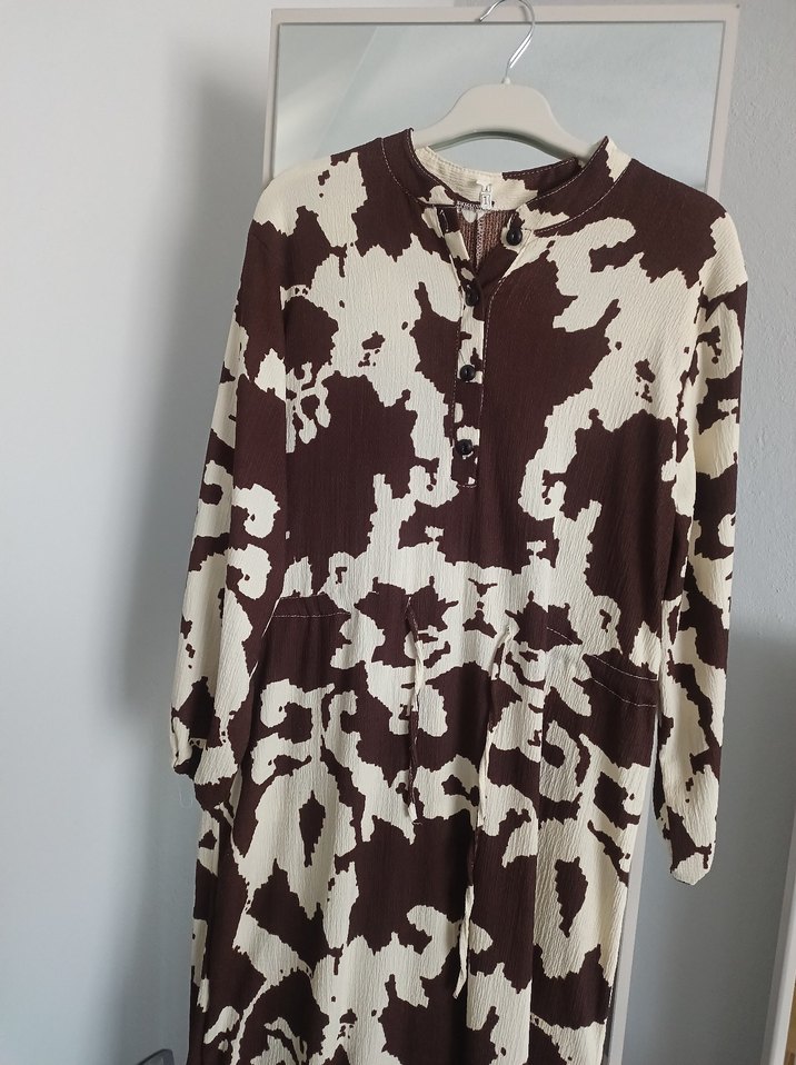 Uzun Kol Kahverengi Batik Desenli Elbise - Görsel 2