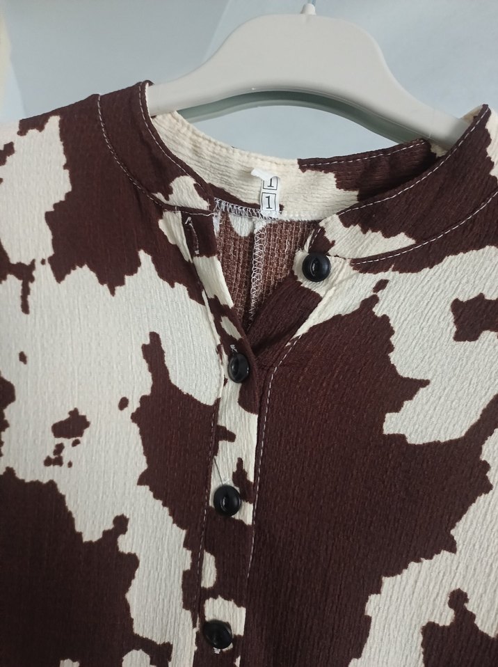 Uzun Kol Kahverengi Batik Desenli Elbise - Görsel 4