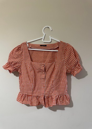 Kareli, Düğmeli, Kısa Kollu Kadın Bluz - Görsel 2