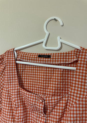 Kareli, Düğmeli, Kısa Kollu Kadın Bluz - Görsel 3