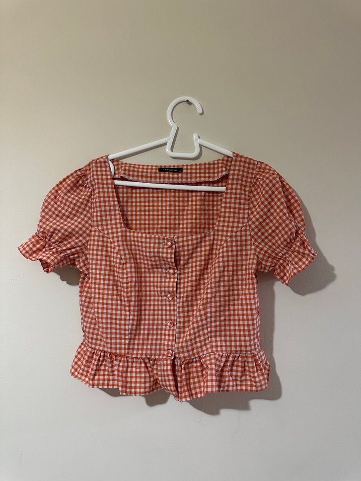 Kareli, Düğmeli, Kısa Kollu Kadın Bluz - Görsel 2