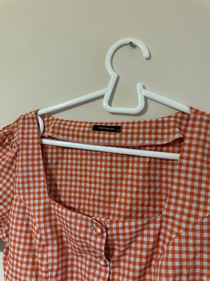 Kareli, Düğmeli, Kısa Kollu Kadın Bluz - Görsel 3