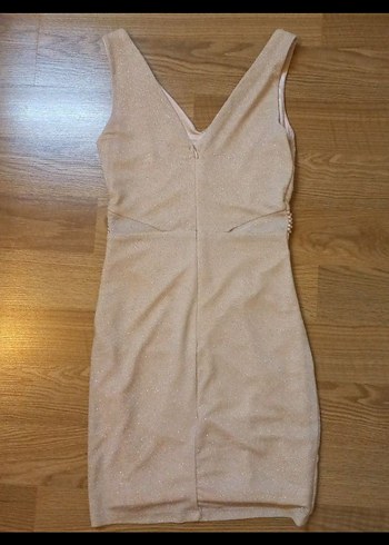 V Yaka Simli Drapeli Pudra Mini Abiye Elbise - Görsel 3