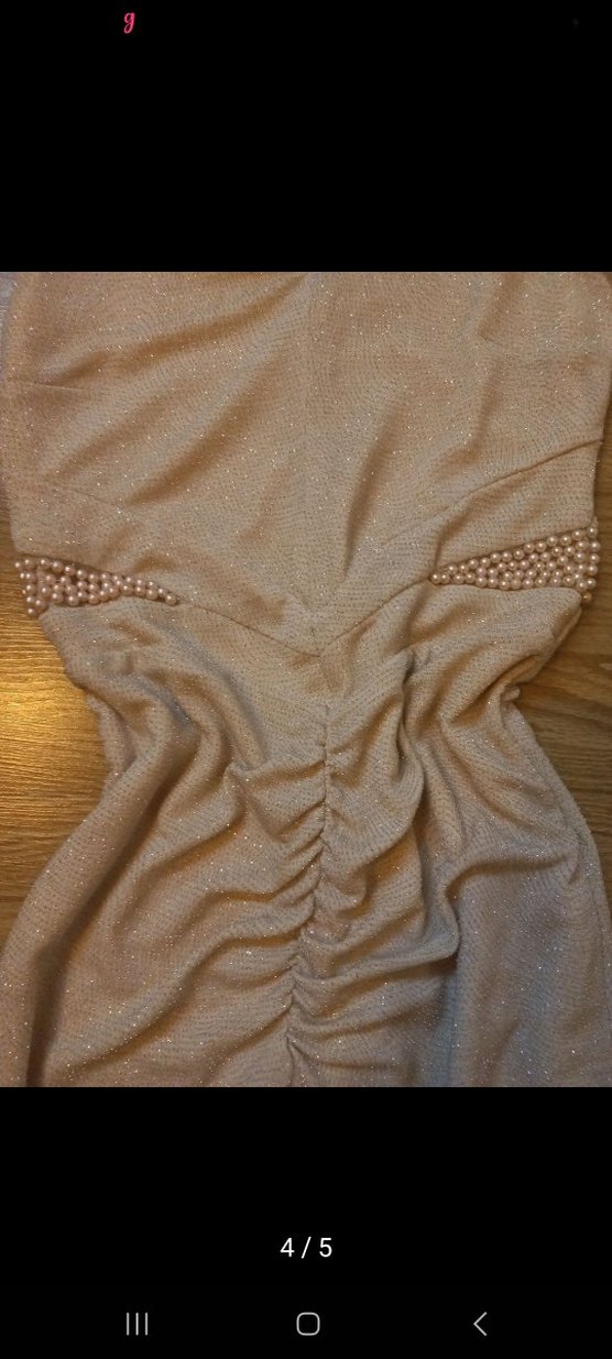 V Yaka Simli Drapeli Pudra Mini Abiye Elbise - Görsel 4