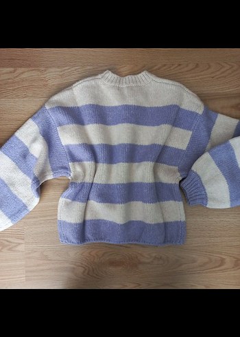 Bej Mor Çizgili Örgü Kadın Kazak - Görsel 2