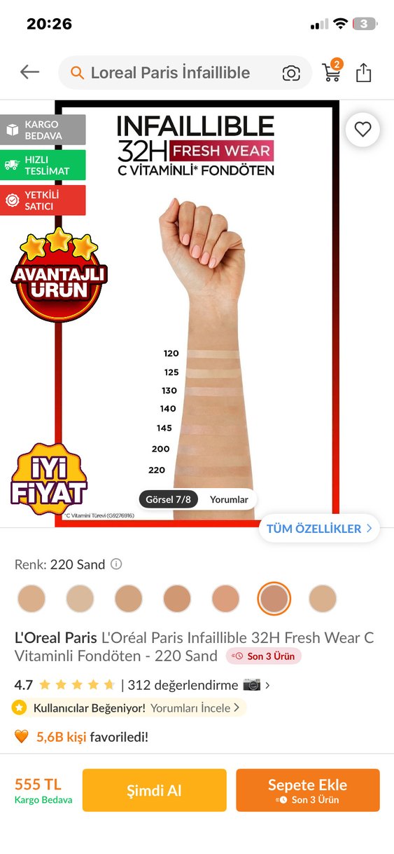 L'Oréal Infallible 24H Fresh Wear Fondöten 220 sand rengi sıfır - Görsel 3