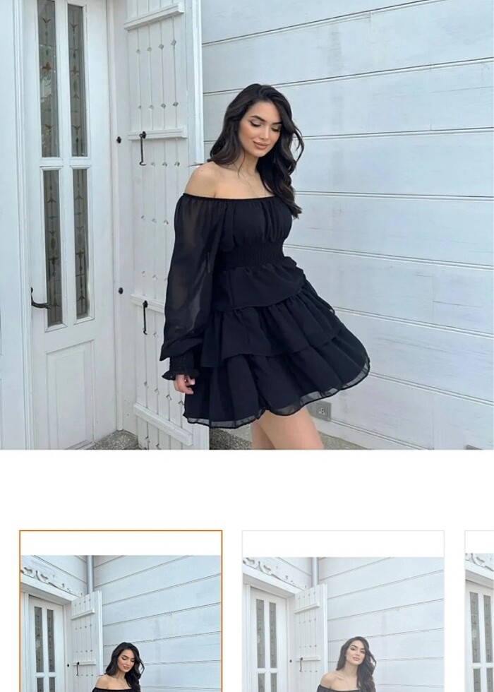 Düşük omuz şifon beli lastikli volanlı elbise - Görsel 2