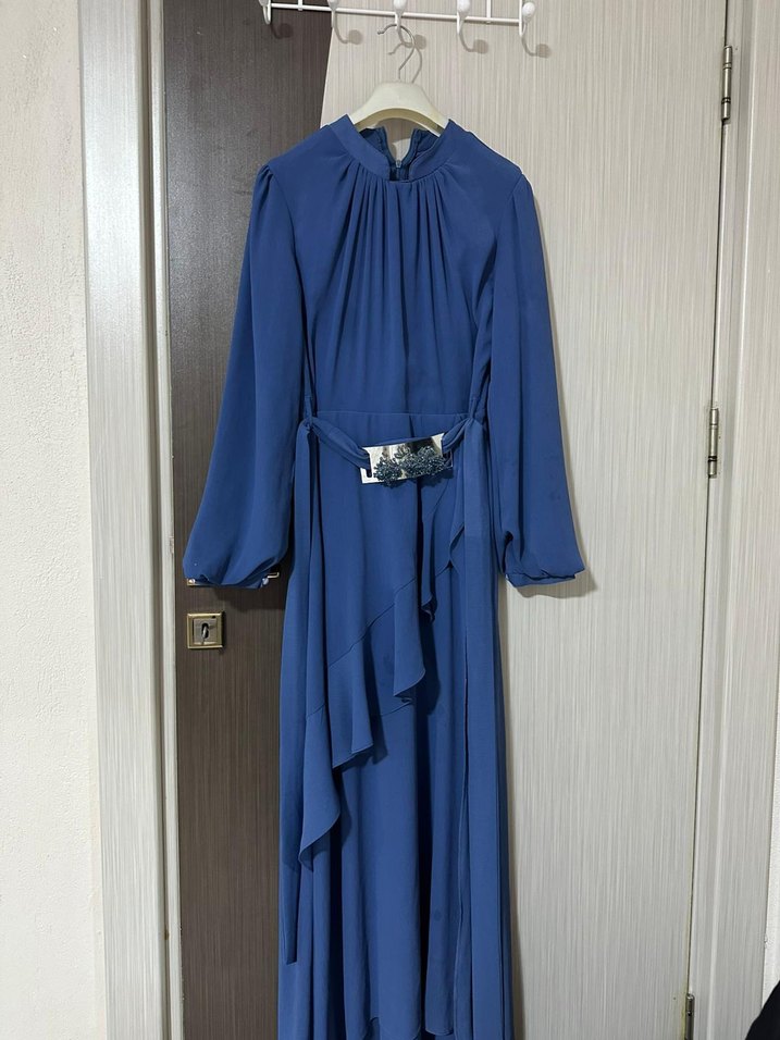 Uzun Kollu Kemerli Kadın Elbise - Görsel 2