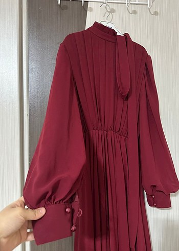 Bordo Uzun Kollu Drapeli Uzun Elbise - Görsel 2