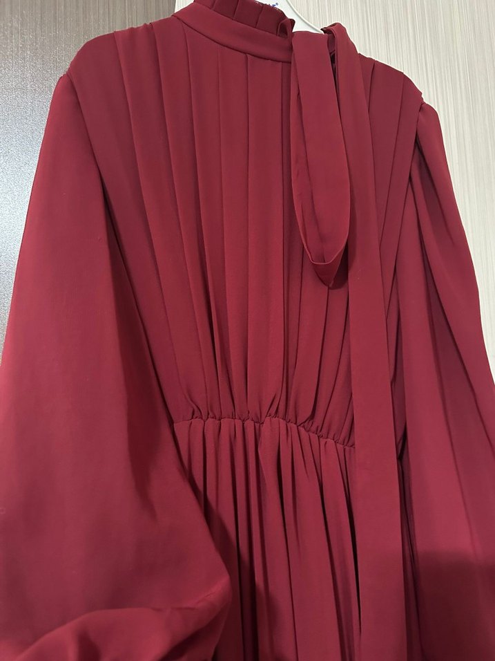 Bordo Uzun Kollu Drapeli Uzun Elbise - Görsel 3