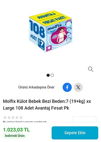 6 Beden: 16+ kg Beden Renk Molfix Bebek Bezi 7 Numara 108 Adet Fırsat Paketi