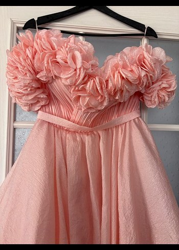 36 Beden pembe Renk Novias Dress Pudra Pembe Uzun Straplez Fırfırlı Elbise