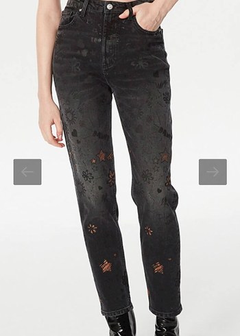 s Beden siyah Renk Twist Jean Siyah Payetli Batik Desenli Kot Pantolon