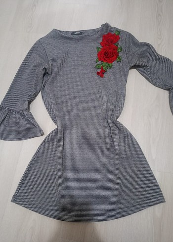 Gri Mini Elbise, Uzun Kollu, Nakışlı Vintage Elbise