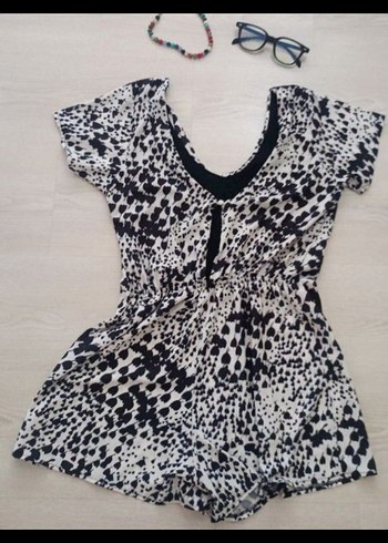 V Yaka Siyah Beyaz Mini Tulum Topshow - Görsel 2