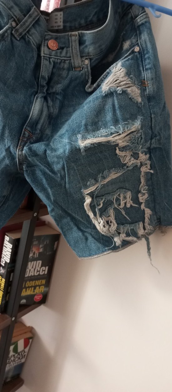 Kadın Mavi Bol Kesim Mini Kot Şort - Görsel 2