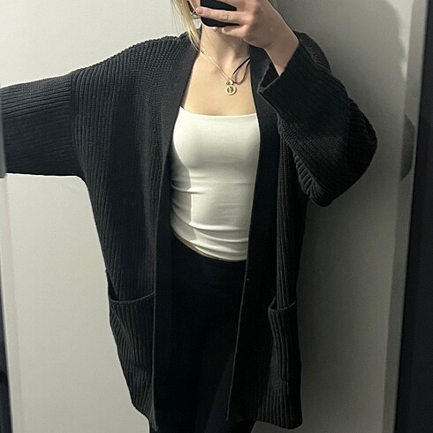 Mavi Jeans gri uzun kalın örme hırka
