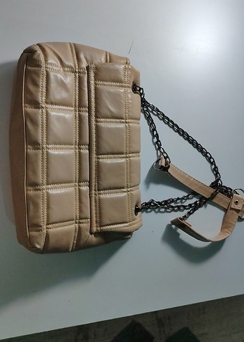 Deri Bej Kareli Tokalı Kadın Omuz Çantası - Görsel 2