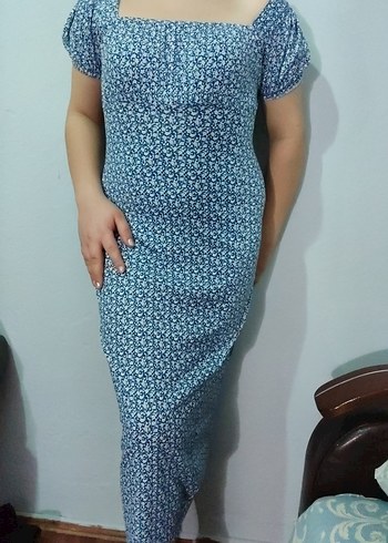 Mavi V Yaka Midi Elbise - Görsel 2